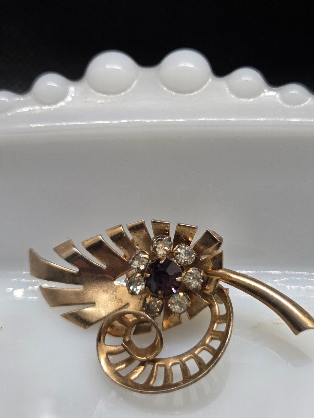 Vintage Gold-Tone Floral Brooch with Purple Center and Clear Rhinestones